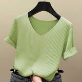 Zingj Summer Thin New Ice Silk Sweater Loose V-Collar Bottomed Black T-Shirt Short-Sleeved Women's Solid Color Ins