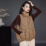 White Duck Down Down Vest Female 2024 Light Standing Collar Design Sense Draw Rope Warm Vest Wearing Casual Vest-Outfit