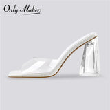 Onlymaker Women Square Toe PVC Slip on Clear High Heels Transparent Summer Concise Casual Party Dress