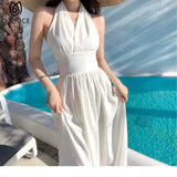 2022 Summer French Elegant Halter Midi Dress for Women V Neck Retro Beach Holiday Robe Sleeveless Backless New