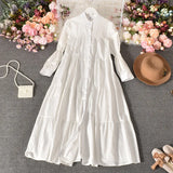 Zingj Temperament Aging Solid Color Simple Dress Autumn Dress Korean Version Fashion Bubble Long Sleeves Show Thin Button Long Skirt