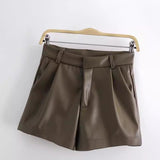Spring Style Pleated Leather Solid Color Fashion Trendy Shorts
