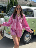 Striped Print Shorts Suit Women Lace Up Bow T-shirts High Waist Wide Leg Short Pant Sets 2024 Fashion Holiday Lady