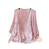 Printed Mulberry Silk Blouse Women's New Chinese Style Disc Button Round Collar Imitation Silk Shirt In Summer
