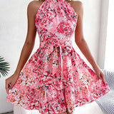 Zingj Hot Style Summer Sleeveless Flower Hanging Neck Waist Dress