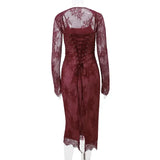 Red Lace Sheer Removable Sleeve And Lace Up Midi Dress- Outfit
