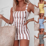 Sheath Dress Suspenders Sleeveless Vertical Striped Female Dress Slim Thin Button Tank Sexy Elegant Casual Mini
