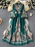 Vintage Dress Women's High-End V-Collar Lantern Sleeves Show Thin Waist Fashionable Print Forked