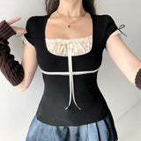Lace Patchwork Square Neck Short Sleeve TeeOutfit