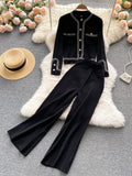 Autumn Korean Fashion Casual Knit Two Piece Set Women Sweater Cardigan Crop Top + Wide Leg Pant Suits Tracksuit 2 Piece