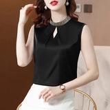 Summer Women's Shirt Chiffon Blouses for Women Sleeveless Solid Shirt Chinese Stand Neck Blouse Female Embroiderey