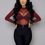 Women Blouses See Through Transparent Mesh Stand Neck Long Sleeve Sheer Blouse Shirt Ladies Tops