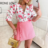 Women Chic V Neck Half Sleeves Button Floral Print Top&solid Bottom Mini Sweat Skirt