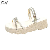 New Fashion Beaded Solid Color Women Sandals Beaded Thick Sole Flat Strap Summer Modern Slippers Student Ladies