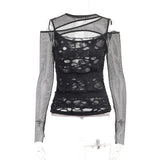 Autumn New Personality Women's Wear Dark Wind Hot Girl Sexy Slim Grid Hole Long-Sleeved Top