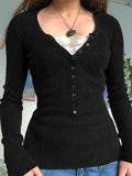 Crop Top Women Lace Button T Shirt Female Long Sleeve Top Knitted Sweater Ladies Solid Basic Slim Tee Spring