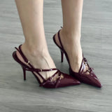 Zingj New Patent Leather One Word Buckle Cat With Baotou Sandals Women's Black Silk Pointed High