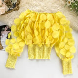 Off Shoulder womens tops and blouses Mesh Sheer Puff Sleeve Tops Summer 3D Flower Vintage White Women Shirt
