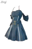 Women Spaghetti Strap Pleated Denim Dress Elegant Sexy Ladies Party Club Sundress Vintage Off Shoulder A-line Dress Summer