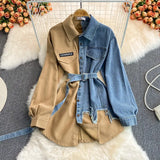Zingj Spliced Corduroy Lapel Dress 2023 Autumn And Winter New Korean Version Waist Shows Thin Irregular Medium