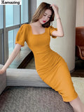 New Midi Dress For Women Elegant Bodycon Office Lady Solid Femme Fashion Clothing