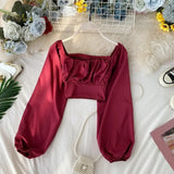 Autumn Women's Blouse French Retro Square Collar Solid Color Short Top New Navel Stretch Waist Thinning Shirts