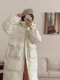 Korean Sweet Bamboo Buckle Down Jacket Female Long 2024 Winter New Hat Over The Knee Thick Warm Coat-Outfit