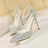 Zingj Korean Version Of Sweet High Heels With High Heel Shallow Pointed Hollow Out A Word With Shiny Rhinestone