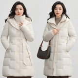 Over The Knee Cotton Clothes In The Long Winter New Fashion Waist Belt Show Thin Warm Coat Temperament Solid Color Cold Clothing-Outfit