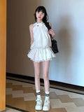 Aging Simple Temperament Suit Women's Summer Design Sense Hanging Neck Blouse Waist Fluffy Half Skirt Two