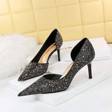 Zingj Sexy Nightclub Show Thin Department With High Heel Shallow Pointed Side Hollow Shining Sequined Single