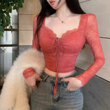 Sweet Girl Red Lace T-shirt for Women's Autumn and Winter Slim Fit Long-sleeved Square Collar Top Fashion Female