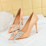 Zingj Korean Version Of Fashion Banquet High Heels Fine Heel Super High Heel Shallow Mouth Pointed Water Diamond Bow Single Shoe