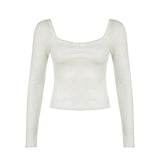 Solid Color Square Neck Lace Trim Bow TeeOutfit
