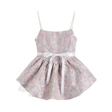 Pink Jacquard Straps Dress French Bow Lacing Sleeveless Casual Fashion Vintage High Waist Sexy Short Skirt Ladies