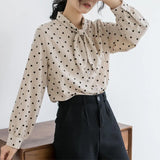 Polka Dot Blouse Women Loose Casual Tops Female Plus Size Shirts Blouse Lantern Sleeve Office Work Wear Shirts White
