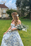 Women's Summer Floral Print Dresses Sweet Elegant Midi Holiday Dress Casual Slit Blue Lace Up Dresses