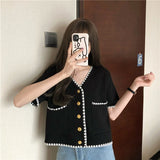 Women V-neck Knitwear Crop Tunic Short Sleeve Summer Korean Style Panelled New Arrival Open Front All-match Leisure