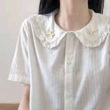 Japanese Harajuku Fashion Bow Tie White Doll Neck Short Sleeved Shirt Blouses Summer 2024 Woman Elegant Chic Kawaii