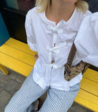 Printed Bow Lace Up Hollow Out Shirt Women loose O Neck Puff Sleeved Tops Blouses 2024 Spring Female Cropped