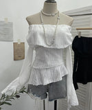 Ballet Style Shoulder Fold Texture Texture Coat Irregularly Ribbon Horn Sleeve Short Shirt