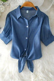 Summer Basic Blouses Women Solid Oversized Women Shirt Buttoned Up Shirt Top Tied Waist Elegant Women Tunics Tops
