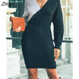 PETAL Black Grey Colorblock Sweater Mini Dress For Woman Sexy V-neck Long Sleeve Dress 2023 Autumn Winter Bodycon