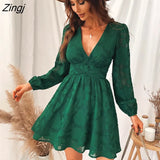 PETAL Plunge A-Line Mini Dress Woman Green Sexy Long Sleeve Party Dress 2023 Spring Autumn Female