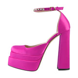 Onlymaker Square Toe Sandals Platform Thick High Heels Solid Mixed Colors Crystal Buckle Stain Sandals Graceful Women
