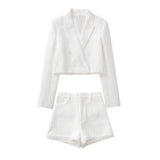 Fashion Single Buttons Cropped White Blazer Coat Vintage Side Pockets High Waist Shorts Female Chic Sets