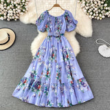 Women Floral Chiffon Dress Vacation Beach Vestidos Female Elegant Slash Neck High Waist A-Line Midi Robe Bohemian