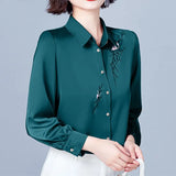 Women's Shirt Blouses for Women Solid Embroidered Long Sleeve Top Woman Polo Neck Clothing Female Button Up Basic