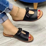 Large Summer Women's Flat-Bottomed Slippers Bow Decorated With Wide Strip Slippers Solid Flat