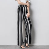 Women Striped Long Trousers Pockets Korean Style High Waist Womens All-match Elastic Simple Female Loose Large Size